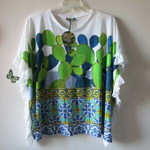 Heluna Botanical Cacti Italien Tiles Print Poncho Gucci Style Top Size 3X